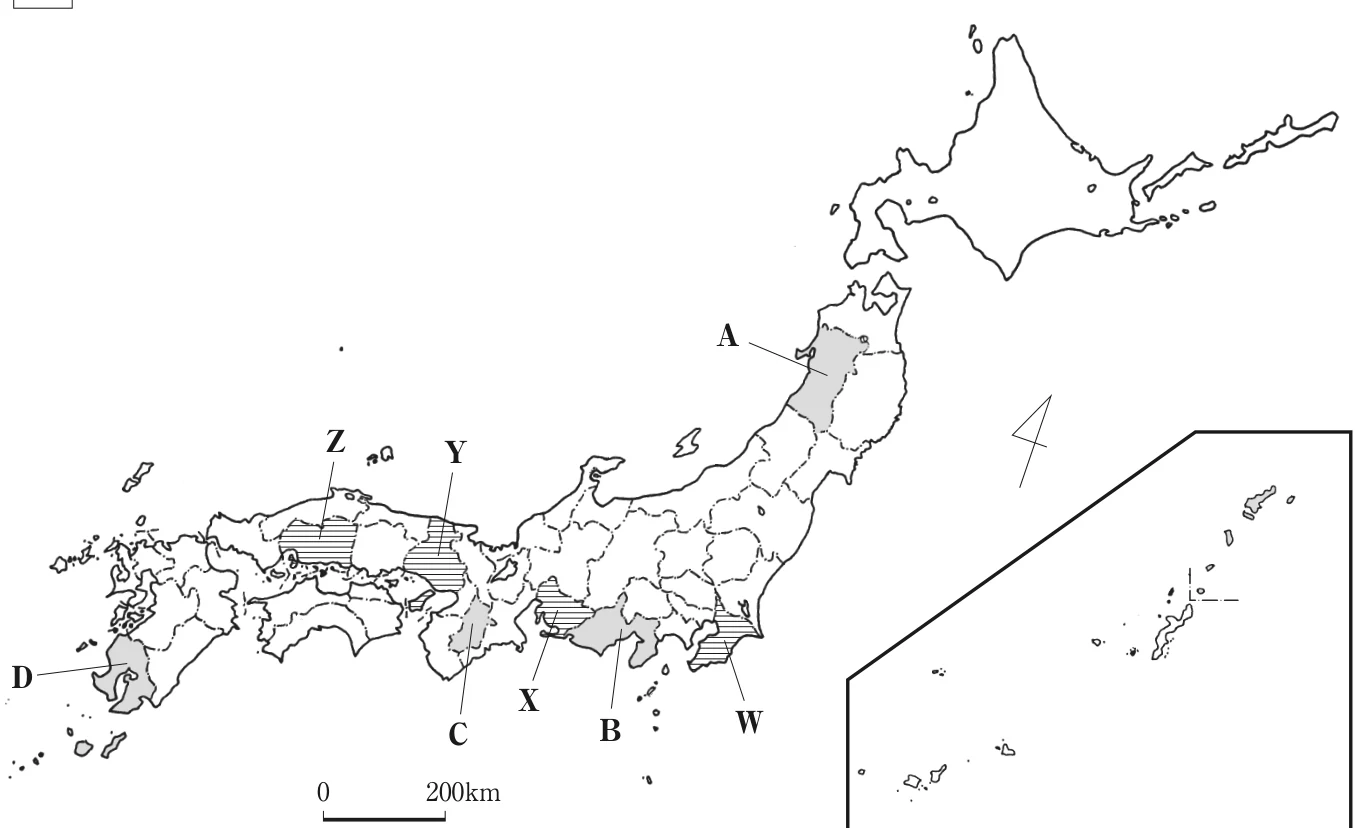 日本の略地図。県A〜D(色つき)と県W〜Zが示されている