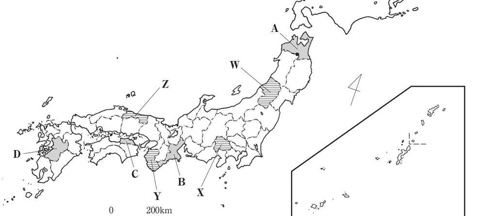 日本の略地図。県A〜Dと県W〜Zの位置が示されている